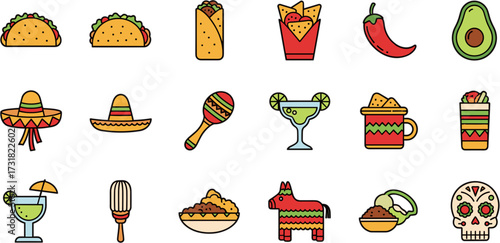 Simple Outline Mexican Cuisine Traditional Ornament Icon Illustration Set