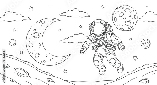  Educational Coloring Sheet Astronaut Near Crescent Moon for Elementary Solar System Fun..jpeg