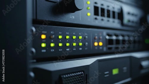 LED indicators on black server cabinet displaying network status  