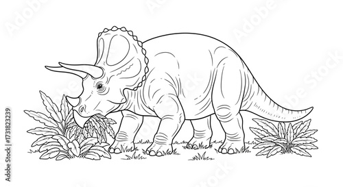 Peaceful Triceratops Line Art Adult Coloring Grazing in a Prehistoric Field