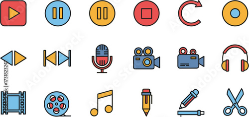 Line Art Colorful Media Playback Interface and Music Creation Elements Icon Set