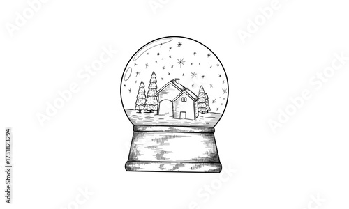 Snow ball with house and fir tree in winter. Sketch. Engraving style. Vector illustration.