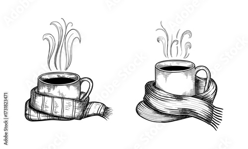 Hand drawn tea cup illustration in engraving style for menu or cafe. Cup of tea swathed in scarf Vector Illustration.