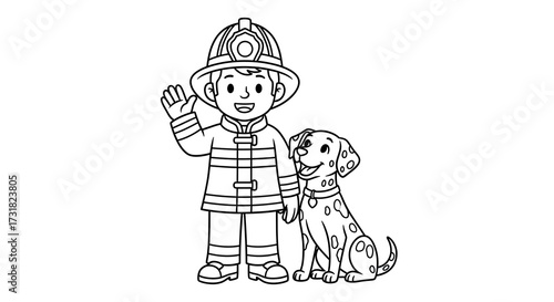 Educational Coloring Sheet Community Hero Firefighter with Dalmatian for Young Learners..jpeg