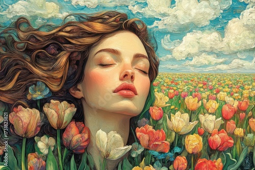 Peaceful young woman with closed eyes and flowing hair surrounded by colorful spring tulips