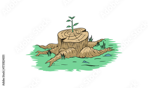 Plant growing out of a tree stump hand drawn illustration