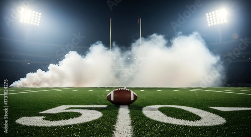 American football stadium field goal smoke lights fifty yard line sport competition game night match ball