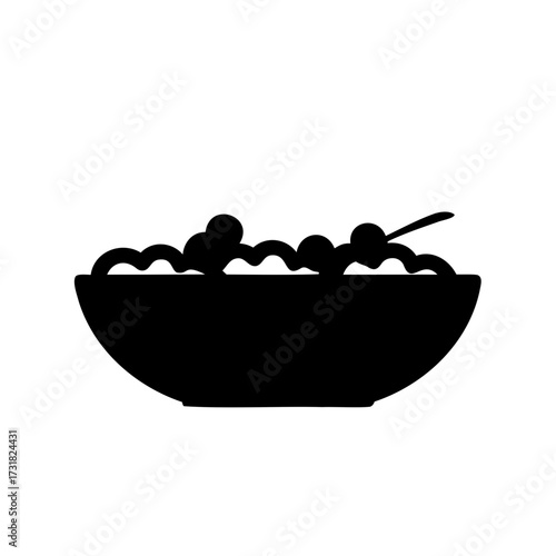 Monochrome bowl of food with a spoon containing noodles and spheres