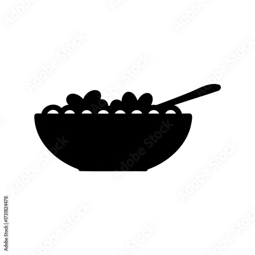 Black and white bowl silhouette filled with cereal with a spoon silhouette