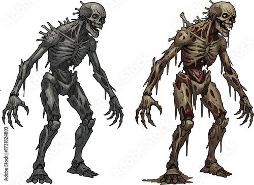 Grotesque skeletal monster illustration, undead creature artwork, horror fantasy beings, creepy decayed characters, scary Halloween ghouls, spooky dark fantasy design, eerie undead figures
