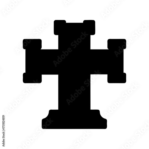 A black Maltese cross with cuboidal projections, symbolic of fortress architecture