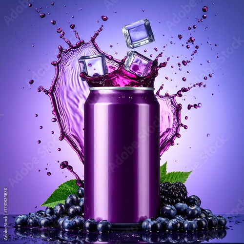 Blank Purple Aluminum Drink Can Mockup with Dynamic Berry Juice Splash and Ice Cubes