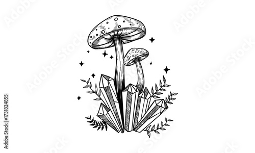 Toadstools with crystals. sketch. Hand drawn illustration converted to vector.