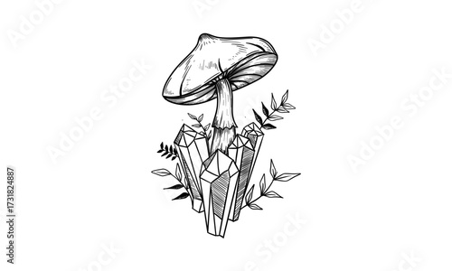 Toadstools with crystals. sketch. Hand drawn illustration converted to vector.
