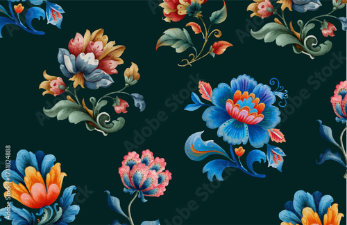 Beautiful floral designs in Jacobean style reveal romance and tradition. The motifs feature embroidery textures with vintage and ethnic influences. 