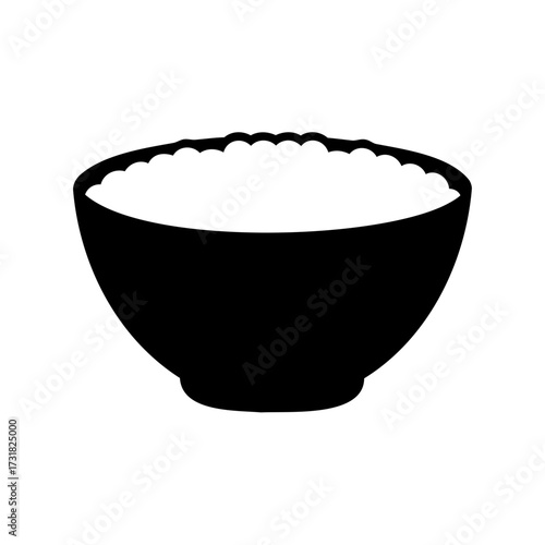 Simple black silhouette of a bowl filled with rice and placed center