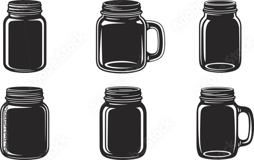 Mason jar silhouettes, glass jar illustration, vintage jars, kitchen container art, beverage mug, rustic storage, drinkware vector, food container