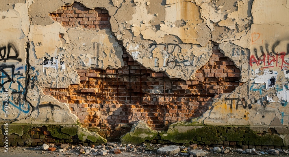 Naklejka premium Decaying wall with exposed brick, a testament to time's relentless passage