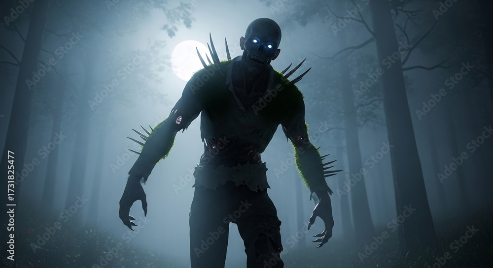 Fototapeta premium Horror-themed undead creature in misty forest under moonlight. Ideal for Halloween, gaming promotions, or horror movie concept art. Dark, eerie, and suspenseful.