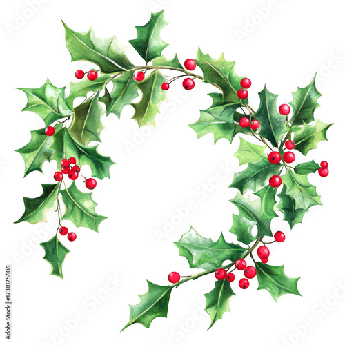 Holiday Christmas wreath features watercolor holly leaves and berries on transparent background