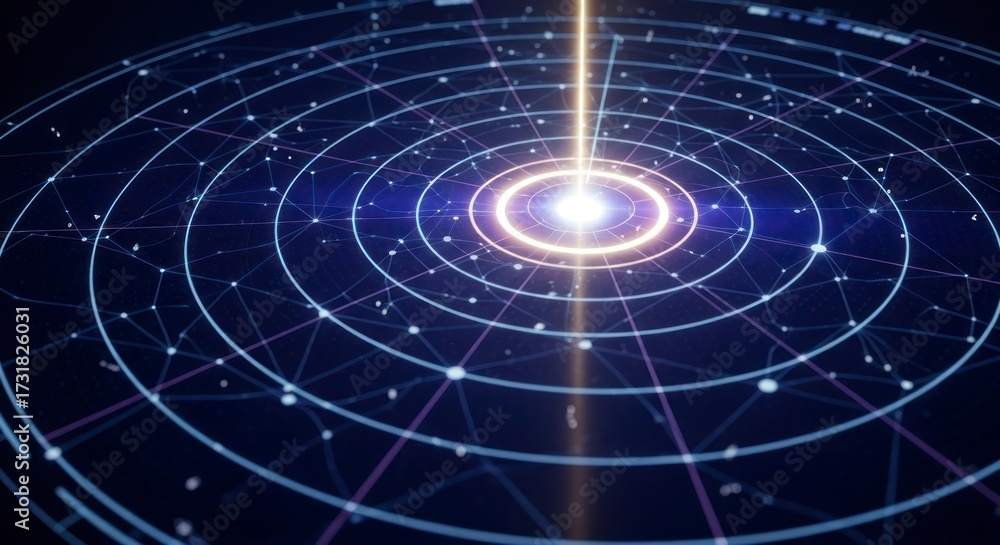 Fototapeta premium Luminous Energy Core Projecting a Beam Through a Futuristic Concentric Network Grid.