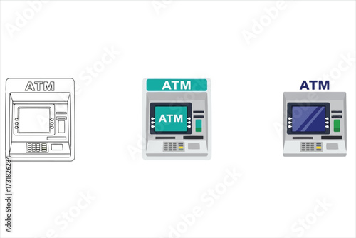 Vector art of set of three atm icons, showcasing a cash machine in different styles outline, flat design, and modern perfect for finance or convenience themes
