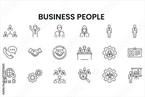 Vector art of business people line icons set vector illustration contains icons as meeting, handshake, presentation, communication, teamwork, and more