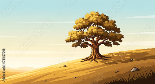 Majestic Solitary Tree on a Golden Hill. Peaceful Sunset Landscape Vector Illustration
