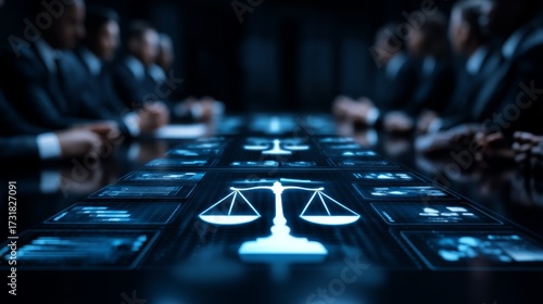 Virtual Business Meeting with Legal and Management Concepts , Digital Screens with Copy Space for Strategic Decisions