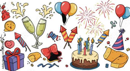 Celebration Party Decorations with Fireworks and Cake