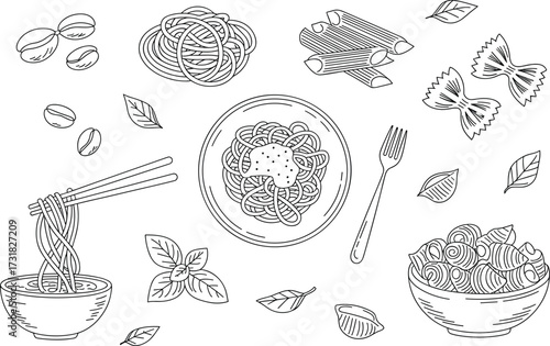 Pasta illustration, spaghetti plate, Italian cuisine drawing, penne sketch, fusilli bowl, farfalle art, food line art, culinary vector, kitchen design