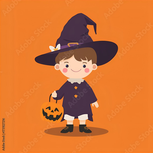 An adorable illustrated child in a charming witch costume holds a pumpkin candy pail, ready for a fun Halloween night of trick-or-treating