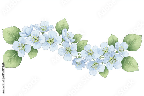 Vector art of a delicate watercolor illustration of a garland of blue apple blossoms and green leaves, perfect for spring and summer designs