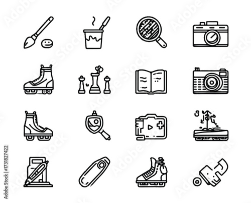 Collection of diverse hobbies and interests in line icon format showcasing different passions