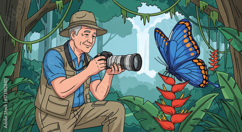 Wildlife Photographer Taking Picture of Blue Butterfly in Jungle