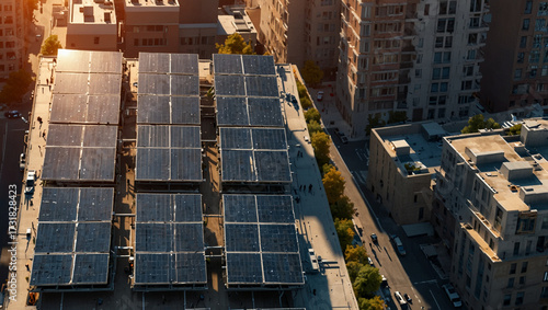 Urban Rooftop Solar Panels – Sustainable Cityscape with Clean Energy Architecture