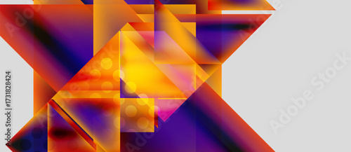 Abstract geometric composition. Orange, purple hues dominate. Shapes overlap, creating dynamic visual effect. Light circles add subtle texture.