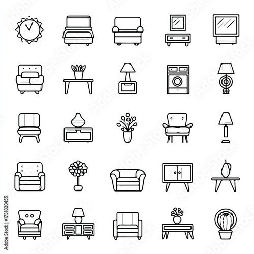 Collection of Furniture and Home Decor Line Icons Depicting Interior Design Elements and Modern Living Spaces