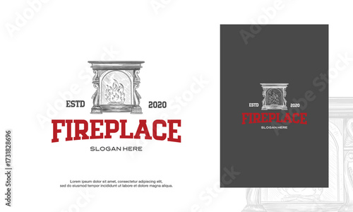 Traditional fireplace with a burning fire logo designs template. Sketch. Engraving style. Vector illustration.