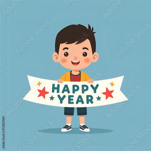 Happy Year Banner Cartoon Boy Holding a Festive Banner with "Happy Year" Message, Celebratory Illustration