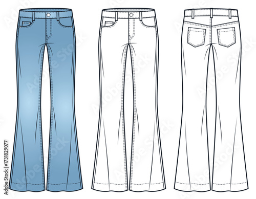 Unisex Low Rise Flared Jeans fashion flat sketch. Denim Pants fashion flat technical drawing template, full length, front and back view, white, light blue, women, men, unisex CAD mockup.