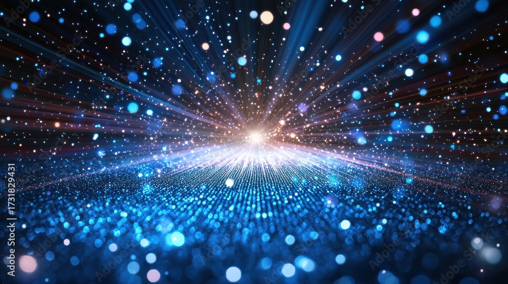 Fototapeta premium Light pattern diffraction laser interference creating brilliant starburst with radiating beams and luminous particle field across digital surface