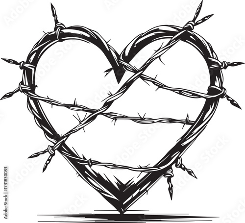 Barbed Heart: A stark black and white illustration of a heart shape entangled in barbed wire, symbolizing pain, confinement, and the complexities of love and emotional distress.