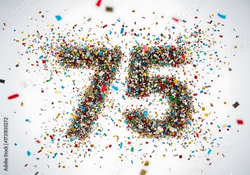 Festive number 75 with exploding confetti, vibrant graphic for celebrations and anniversaries