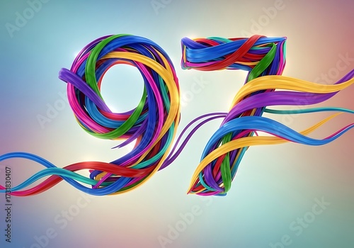 Artistic number 97 formed by vibrant, flowing colorful lines, dynamic celebration graphic