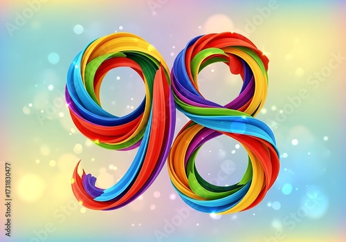 Number 98 vividly depicted with swirling multicolored ribbons, ideal for special occasions