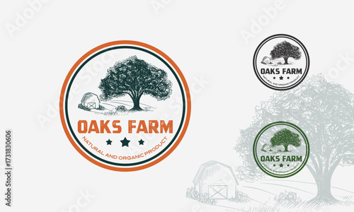 Barn with Oak tree Hand Drawing Symbol Farm Logo Vintage Circle Vector