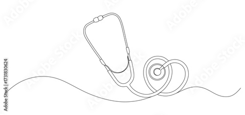 Continuous line drawing illustration of a stethoscope with its tube forming a heart shape. The minimalist design represents healthcare, medical care, love, compassion