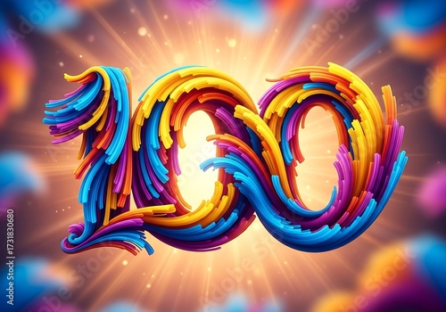 Dramatic number 100 created from vivid swirling colorful lines with radiating light rays