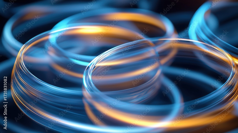 Fototapeta premium Holographic interference rings laser optical patterns spiral wave formations translucent blue orange light effects dynamic curved geometry abstract technology